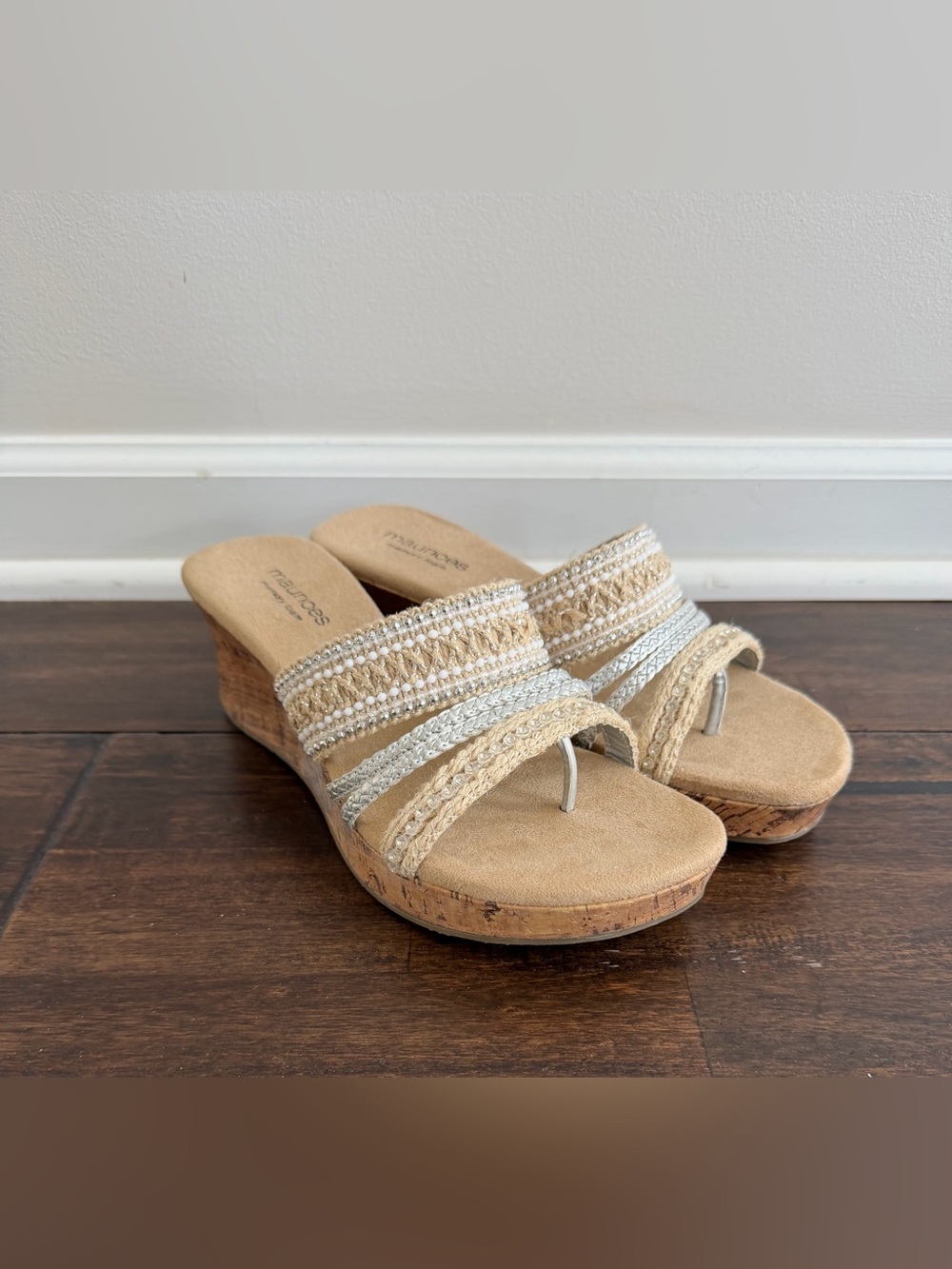 Maurice’s Cork Wedge Embellished Thong Sandals Boho Beaded Slip On Wedges